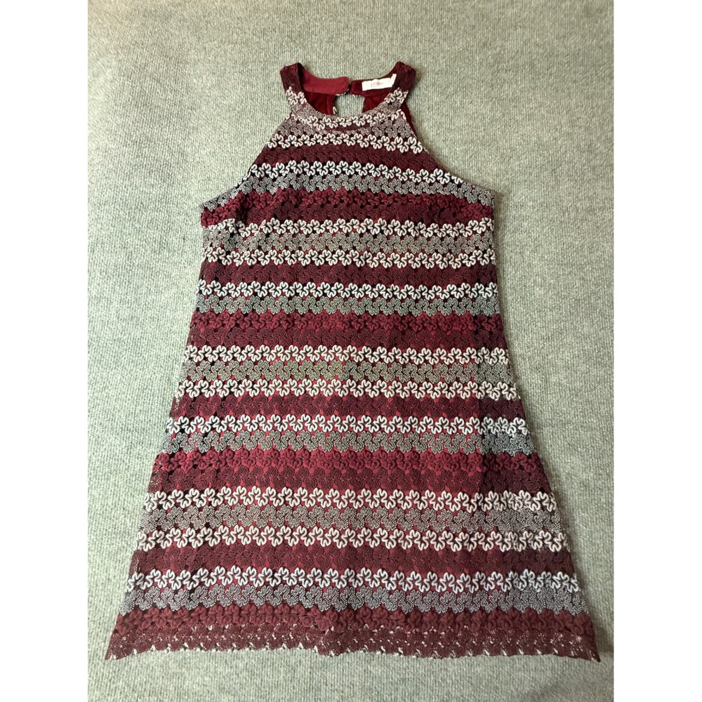 Candie's Lace Shift Dress Women's Large Burgundy‎ Excellent Halter Neck Striped